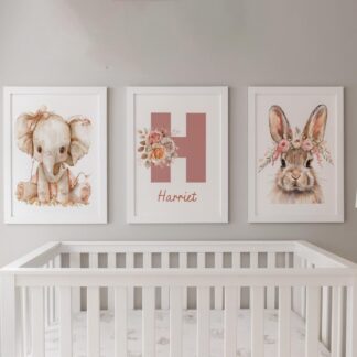 Personalised Nursery Wall Art Prints – Baby Animal Print with Initial – Custom Kids Room & Baby Bedroom Decor – A4