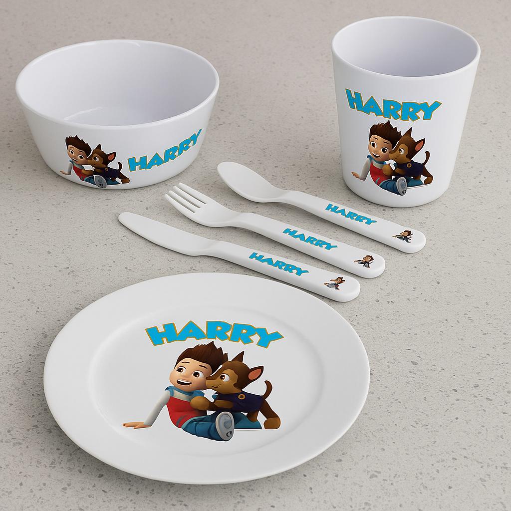 Personalised Rescue Puppy Kids Dinnerware Set – Custom Name Plate, Bowl, Cup & Cutlery Gift