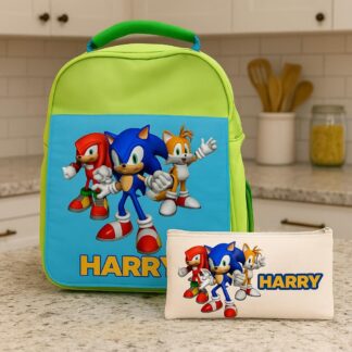 Personalised Kids Backpack & Pencil Case – Neon Green Hi-Vis Multi-Coloured School Bag with Custom Name | retro game style