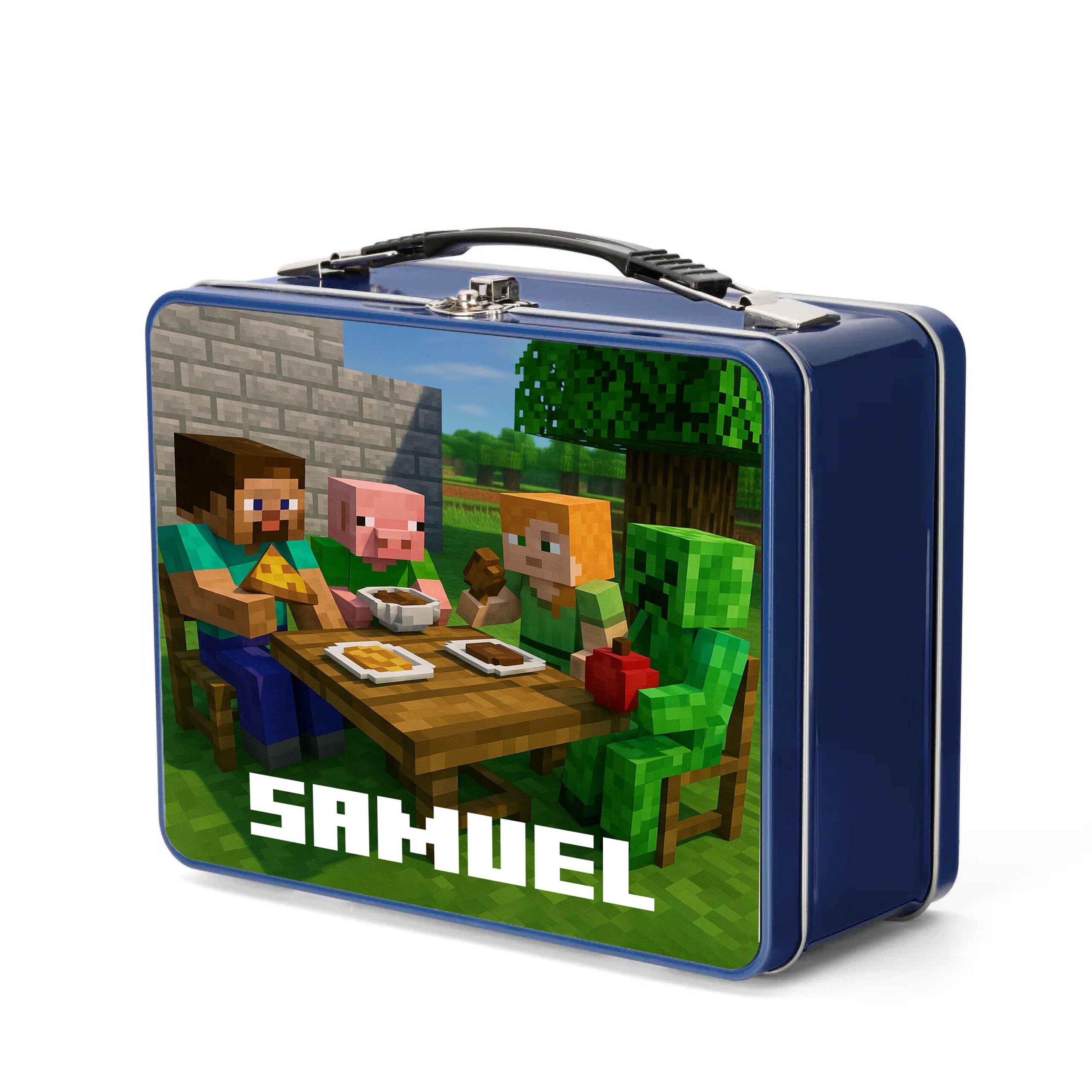 Personalised Pixel Gamer Blue Metal Lunch Box – Custom Kids Lunch Tin with Name – School Lunchbox with Handle - Image 2