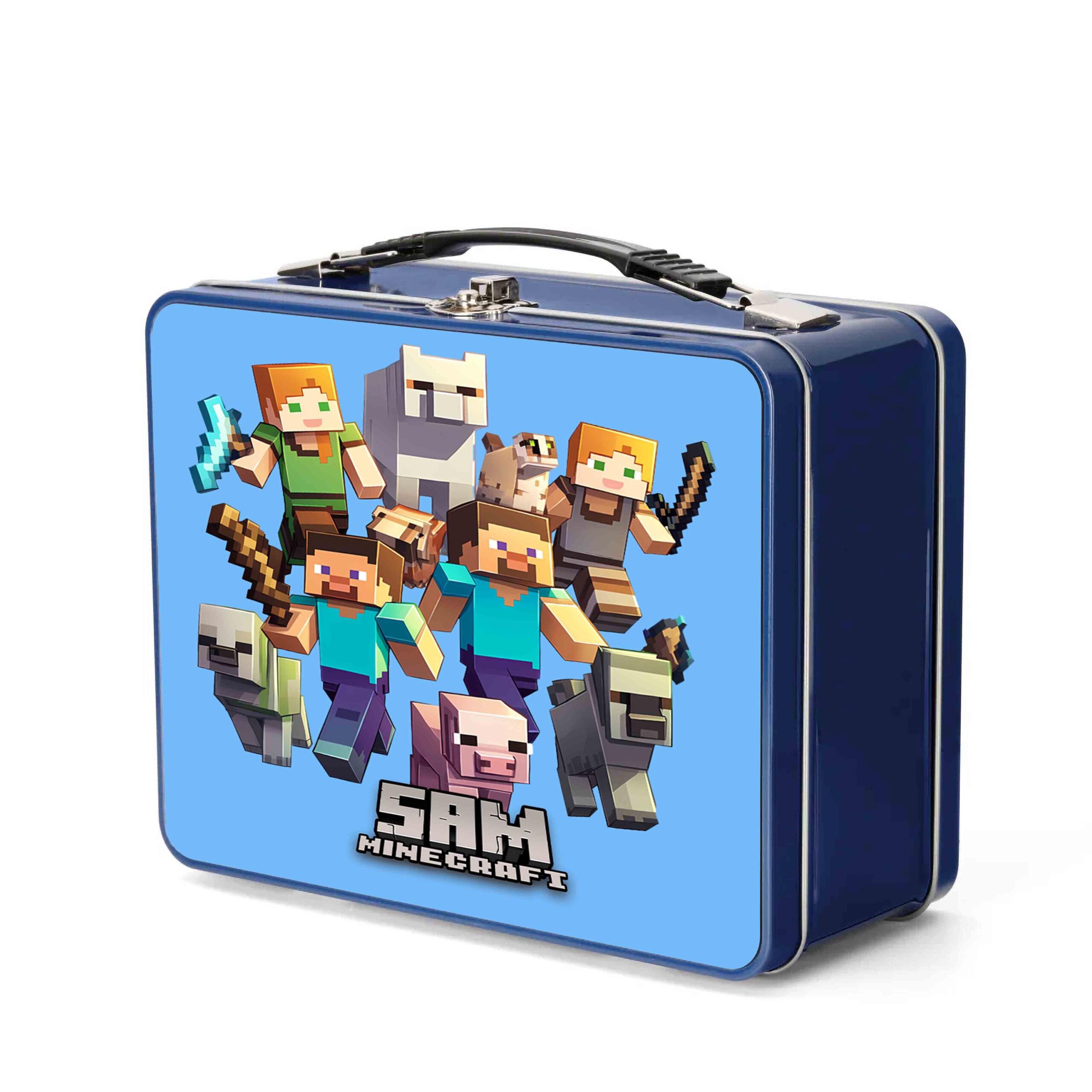 Personalised Pixel Gamer Blue Metal Lunch Box – Custom Kids Lunch Tin with Name – School Lunchbox with Handle - Image 5