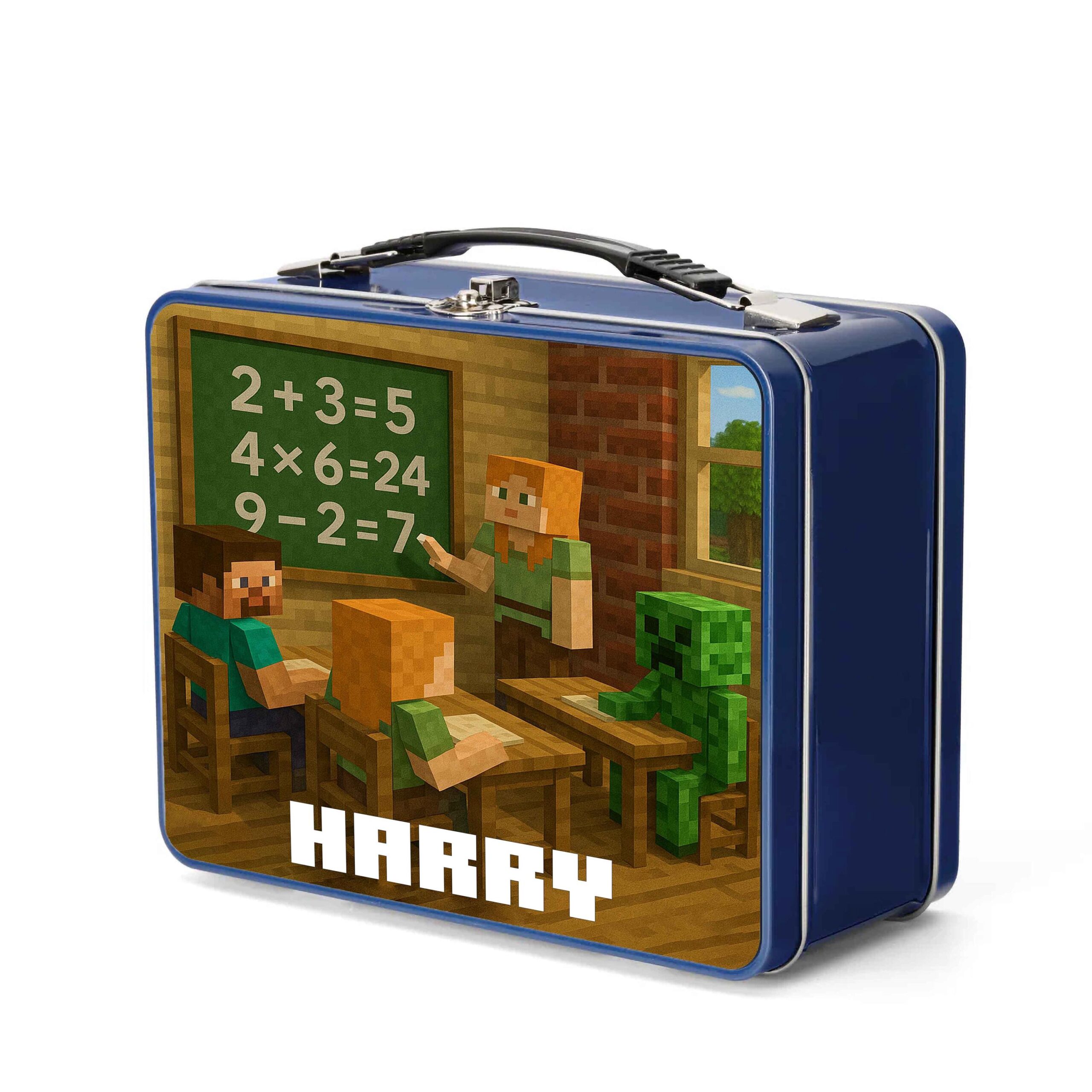 Personalised Pixel Gamer Blue Metal Lunch Box – Custom Kids Lunch Tin with Name – School Lunchbox with Handle