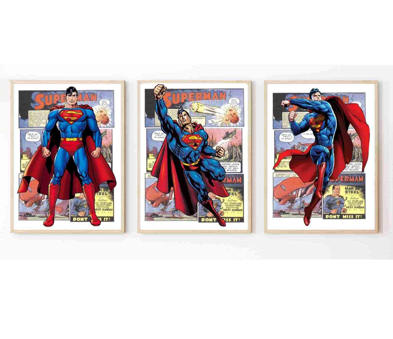 Superhero Comic Book Art Prints – Set of 3 Kids Room Posters, Nursery & Playroom Wall Decor, Boys and Girls Bedroom Artwork