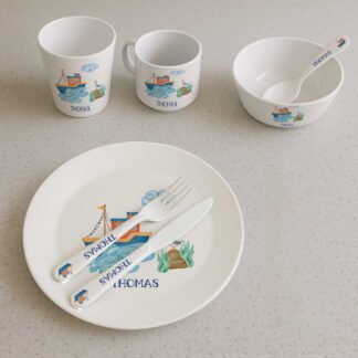 Personalised Nautical Children's Dinner Set, Initial Plate, Bowl, Cup & Cutlery sea navy theme, boats
