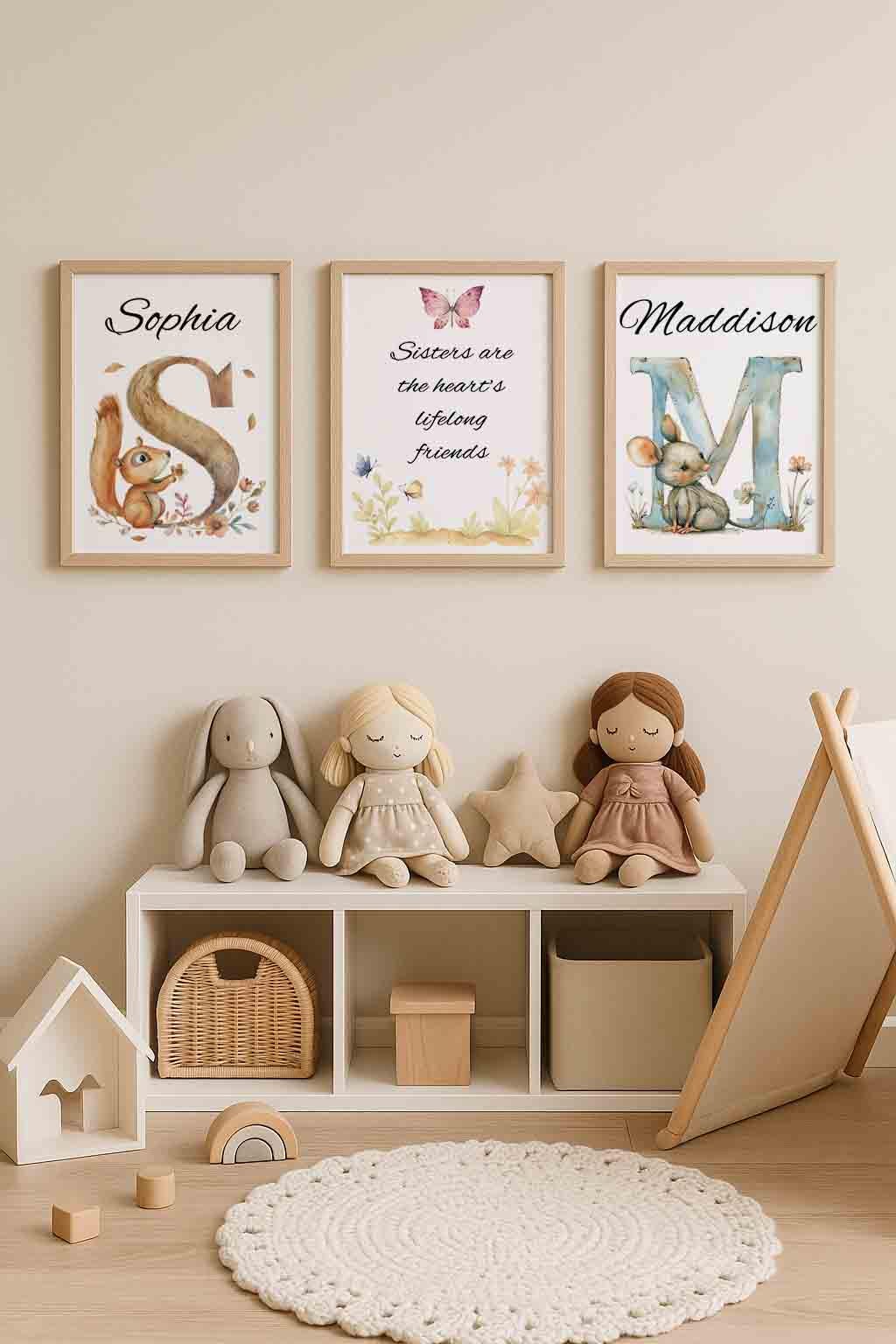 Personalised Girls Nursery Prints – Twin bedroom decor Woodland Animal Wall Art - Image 2
