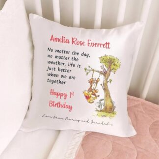 Personalised Kids Birthday Cushion – Satin Bear Design, Custom Christening or Baby Gift