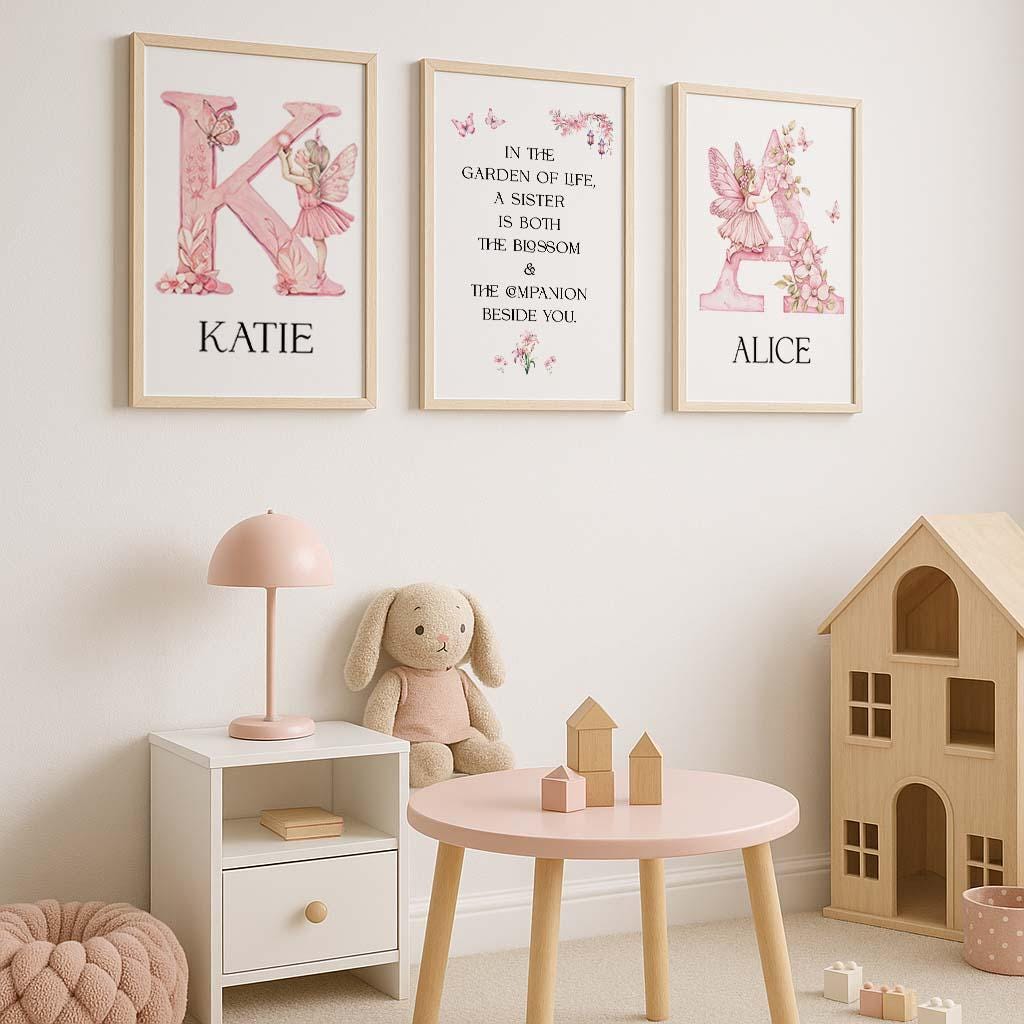Personalised Girls Nursery Prints – Fairy & Butterfly Wall Art for Girls Bedroom – Sisters Quote Print for Twins & Tweens