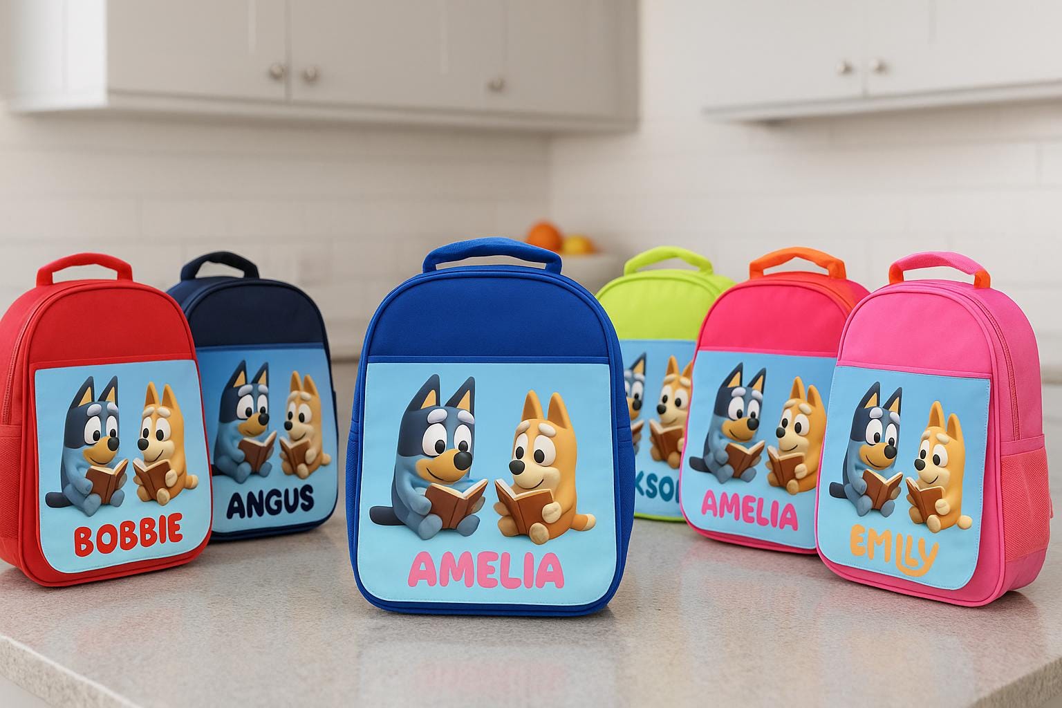 Personalised Blue dog Backpack – Kids School Bag with Name – Rucksack with Bottle Holder – Large Size – Multiple Colours