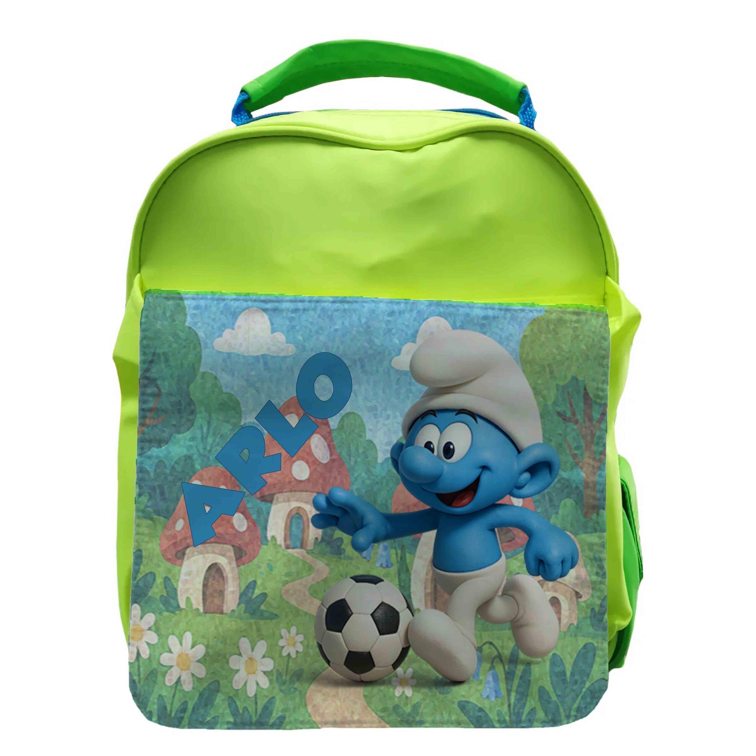 Personalised Blue Creatures Backpack – smurf football Bag Kids School with Name & Bottle Holder - Image 5