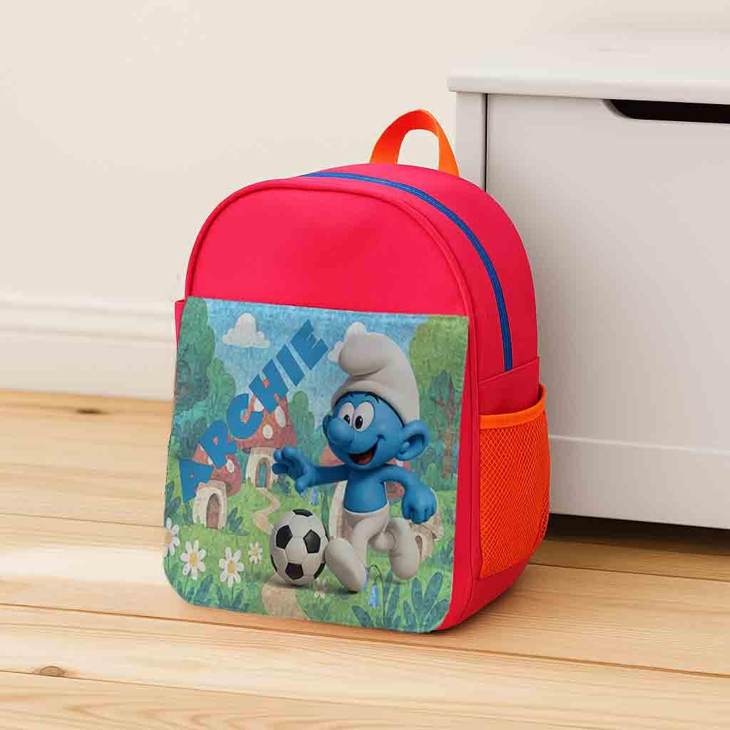 Personalised Blue Creatures Backpack – smurf football Bag Kids School with Name & Bottle Holder