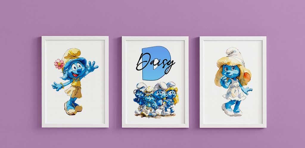 Set of 3 Personalised blue character Watercolour Prints – Custom Name Kids Nursery Wall Art - Image 6