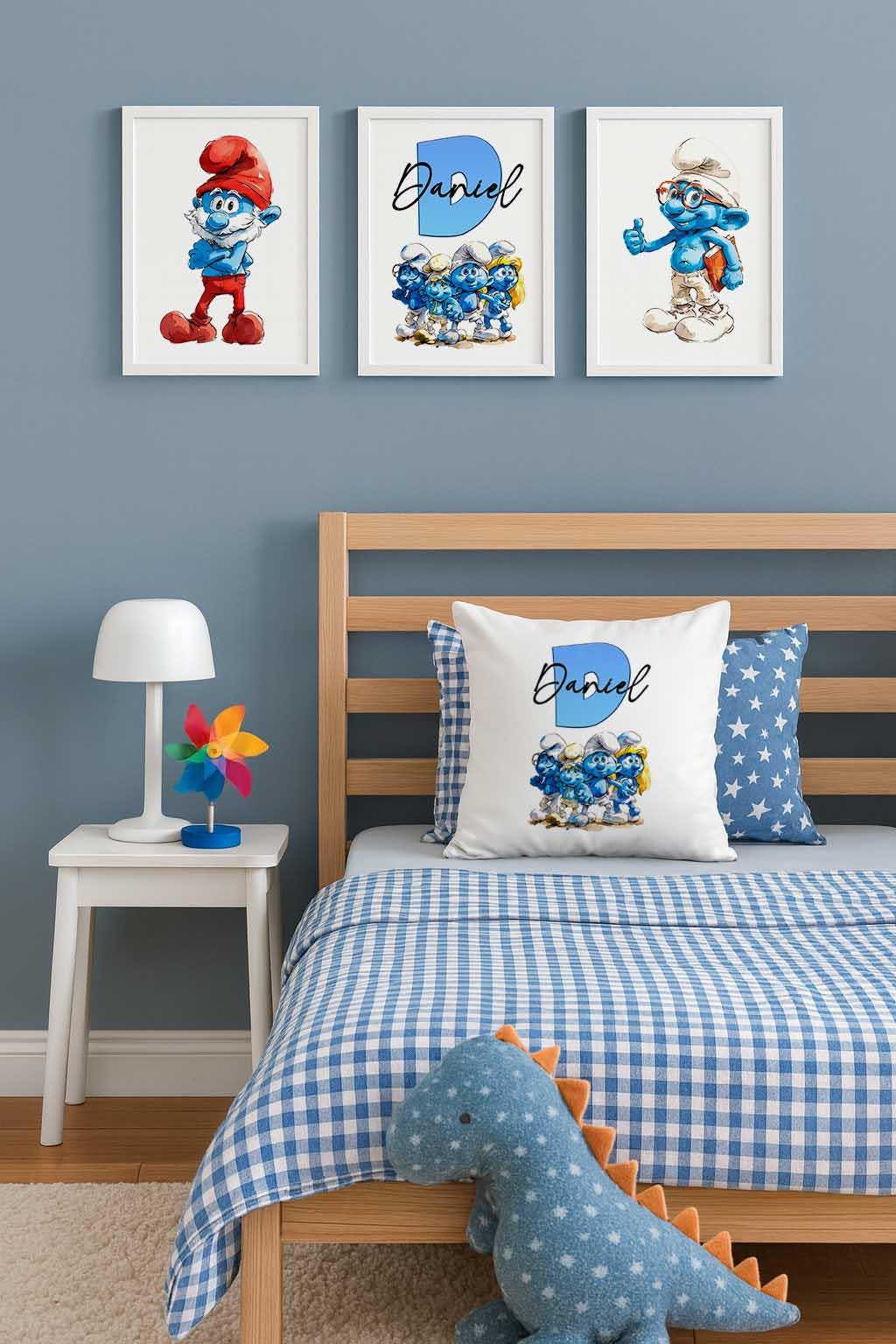 Set of 3 Personalised blue character Watercolour Prints – Custom Name Kids Nursery Wall Art