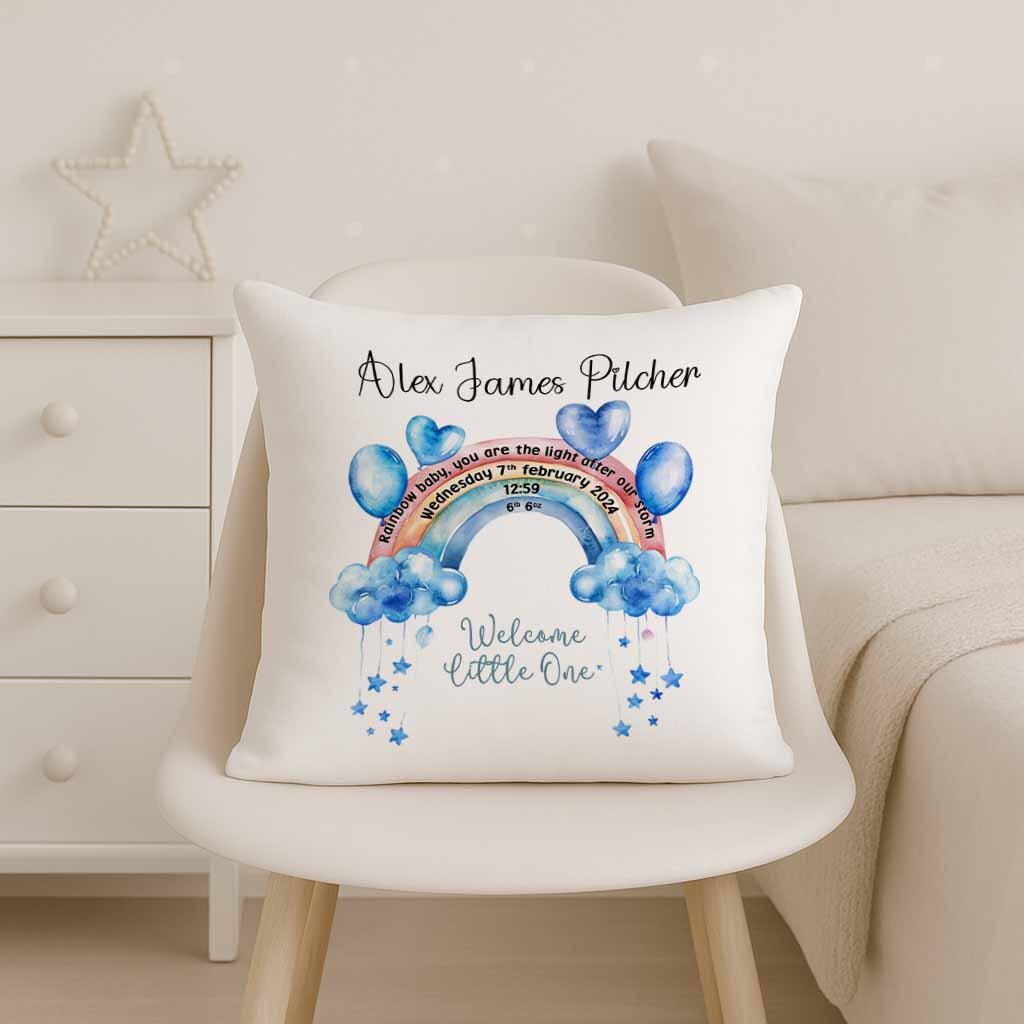Personalised Baby Stats Satin Cushion Cover 40cm – Rainbow Christening Keepsake Gift