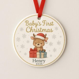 Personalised Baby’s First Christmas Keepsake Ornament 2025 – Ceramic Reindeer & Present Tree Bauble | message can be written on reverse