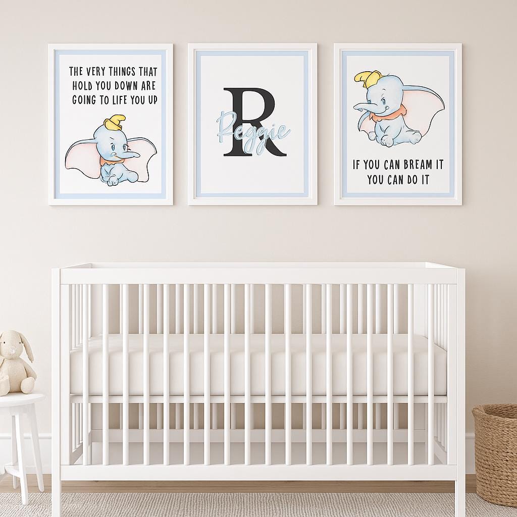 Set of 3 Personalised Elephant Wall Art Prints – Custom Name Nursery Decor A4 | A3
