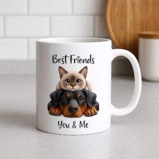 Best Friends Personalised Mug - Coaster – Cat and Dog Design – Custom Name 11oz White Ceramic Cup – Secret Santa Gift for Pet Lovers