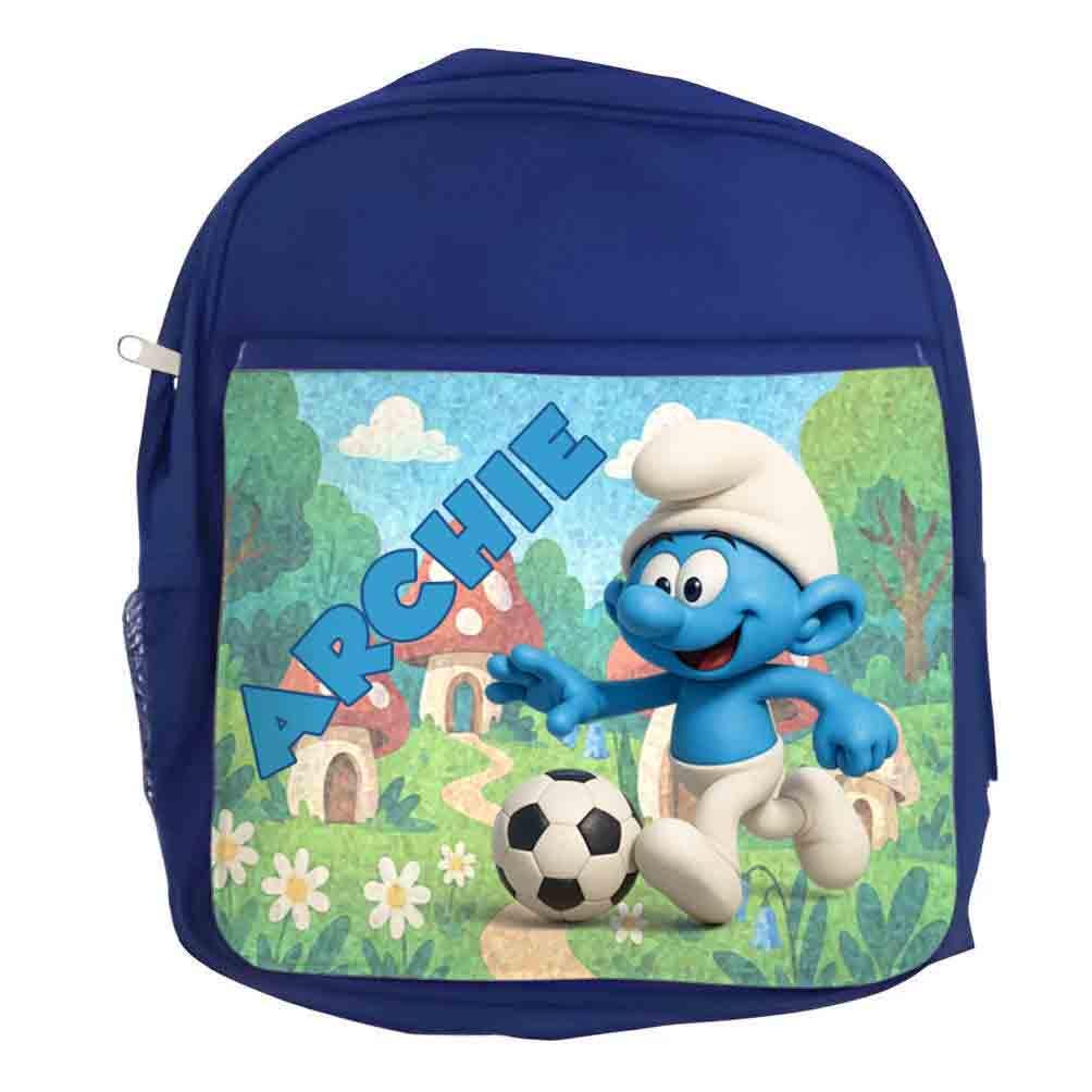 Personalised Blue Creatures Backpack – smurf football Bag Kids School with Name & Bottle Holder - Image 3