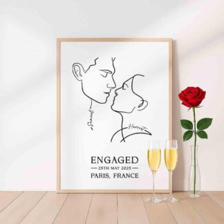 Personalised Engagement Portrait, Minimalist Line Art with names, Personalised Names & Date, happy couple boyfriend fiancée