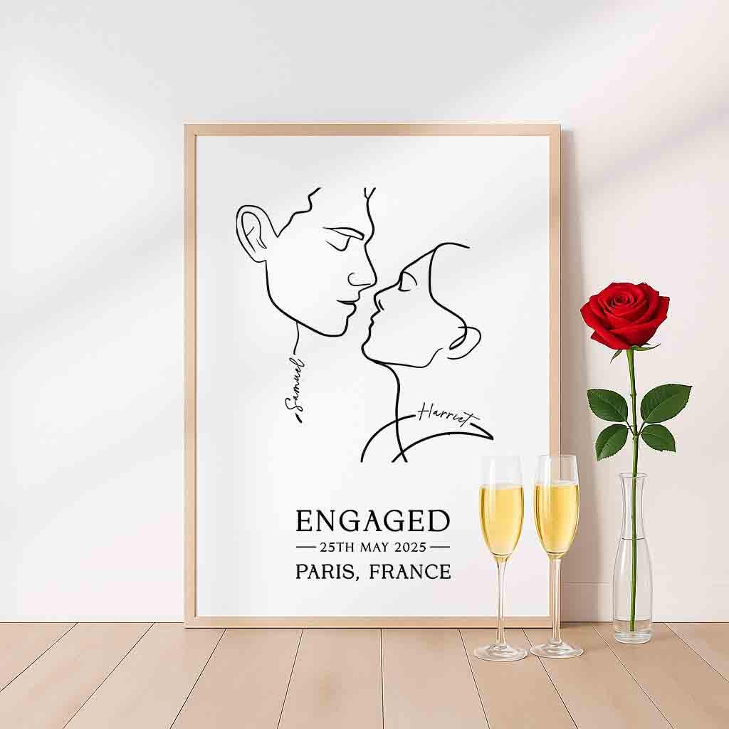 Personalised Engagement Portrait – Minimalist Line Art with Names & Date for Couples