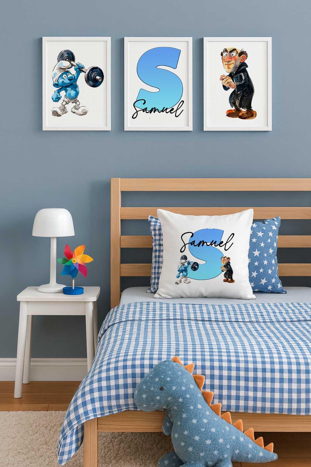 Set of 3 Personalised blue character Watercolour Prints – Custom Name Kids Nursery Wall Art - Image 4