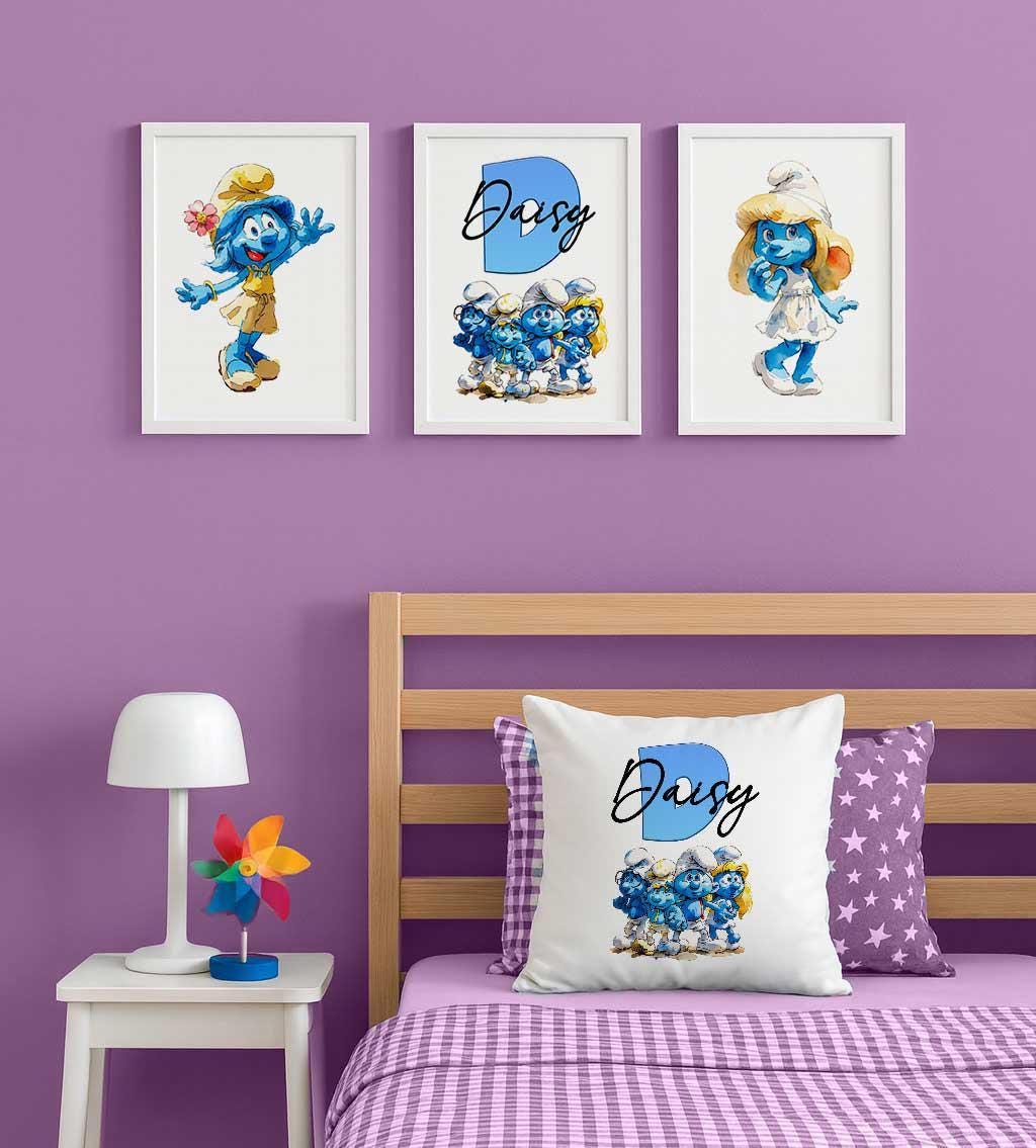 Set of 3 Personalised blue character Watercolour Prints – Custom Name Kids Nursery Wall Art - Image 2