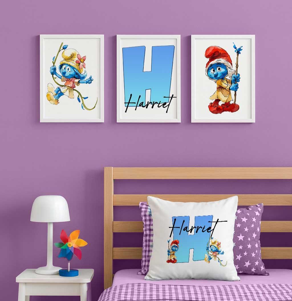 Set of 3 Personalised blue character Watercolour Prints – Custom Name Kids Nursery Wall Art - Image 3