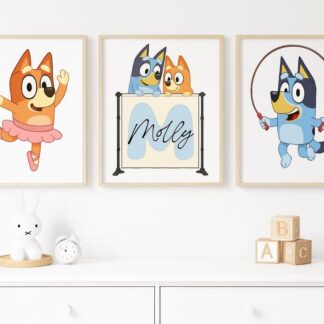 Set of 3 Personalised Blue Cartoon Dog Prints – Custom Name Nursery Wall Art, Toddler Room Decor for Boys & Girls