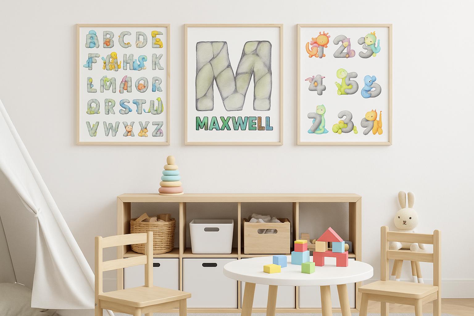 Personalised Dinosaur Prints Set – Alphabet & Numbers Nursery Wall Art A4 A3