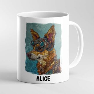 Personalised Steampunk Dog Mug – Custom Name Coffee Cup, Funny Pet Lover Gift, Colourful Novelty Ceramic Tea Mug