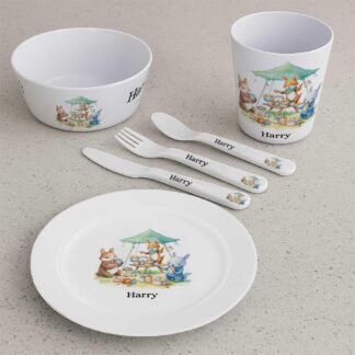 Personalised Kids Dinner Set – Woodland Animals Plate, Bowl, Cup & Cutlery – Custom Name Tableware Gift