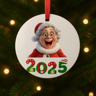 2025 Christmas Ornament – Wooden Disc Decoration with Elf, Santa & Mrs Claus Designs | Surprised expressions | funny