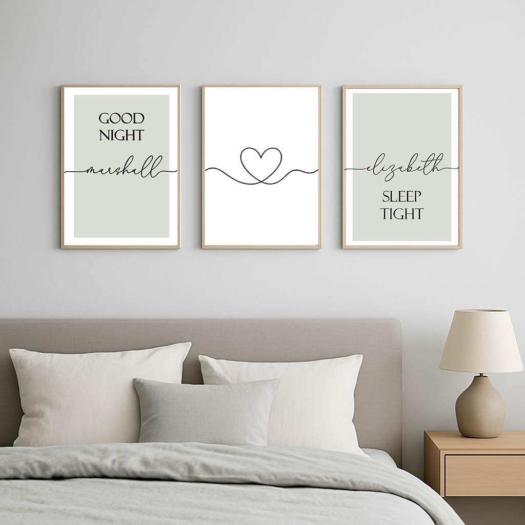 Personalised Good Night Sleep Tight Wall Art Set – Custom Couple Bedroom Prints – Heart Wall Decor - Image 2