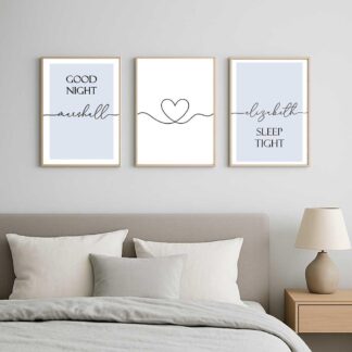 Personalised Wall Art Prints – Set of 3 – Custom Bedroom Prints – Good Night Sleep Tight – Couple Heart Wall Art
