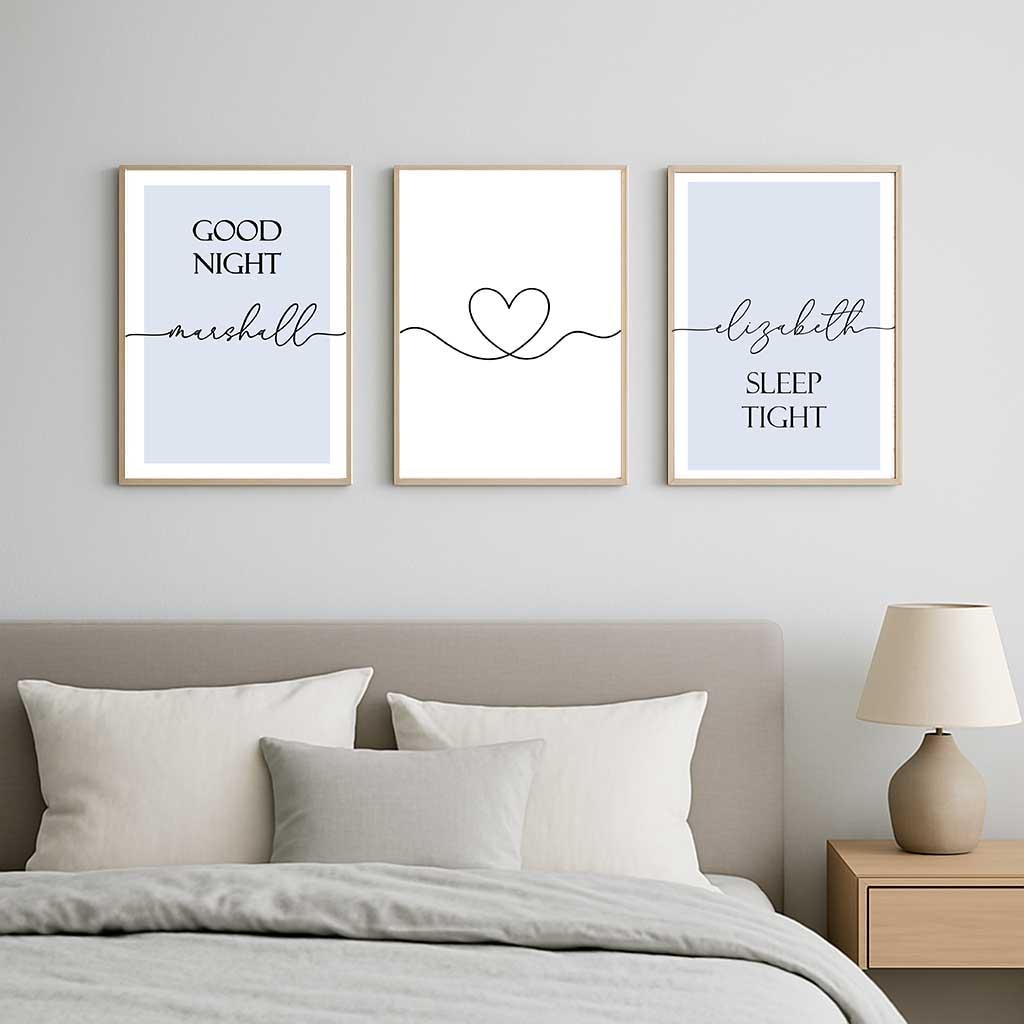 Personalised Good Night Sleep Tight Wall Art Set – Custom Couple Bedroom Prints – Heart Wall Decor