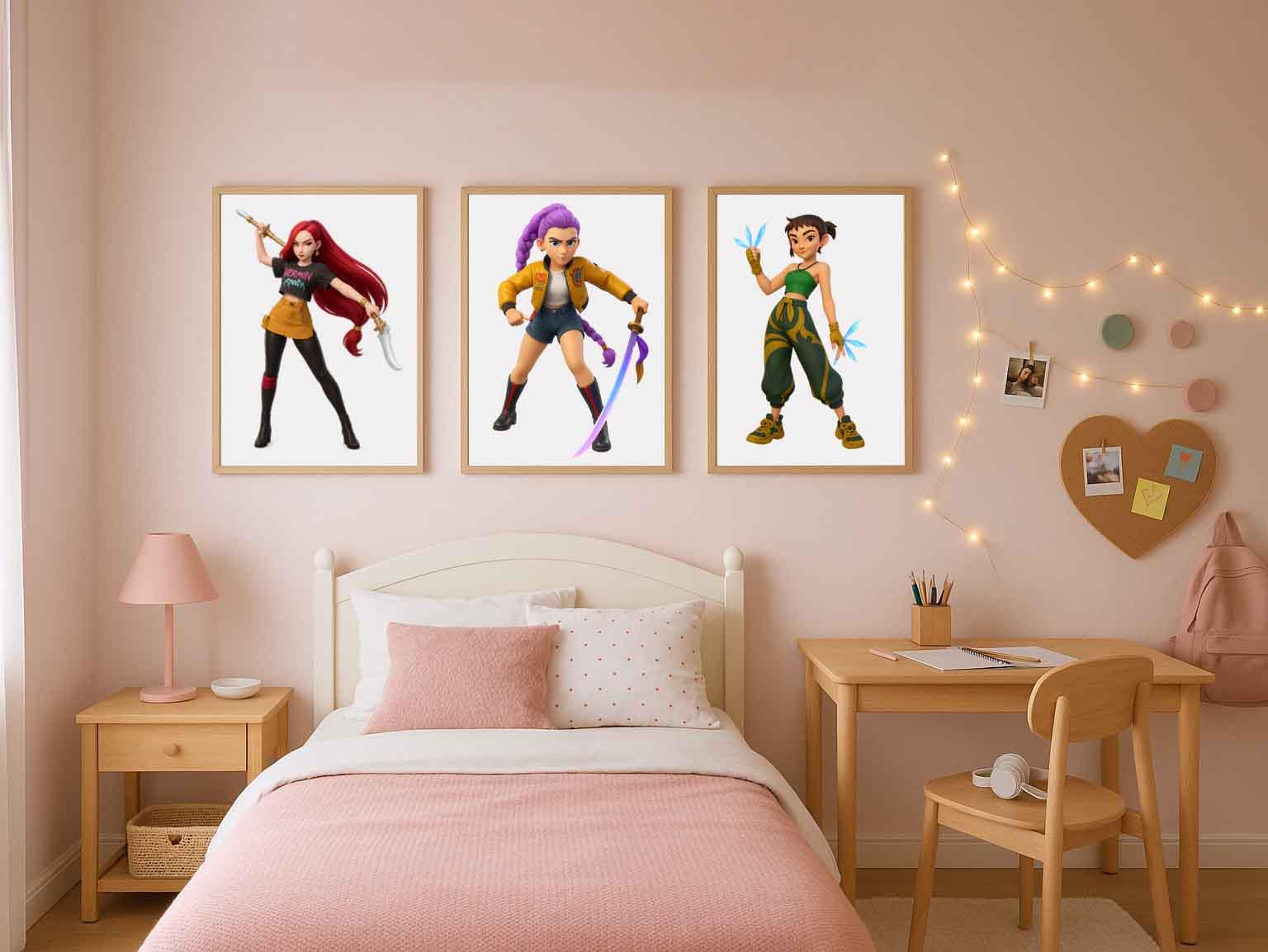 Set of 3 K-Pop Wall Art Prints – Vibrant Colourful Posters, Kids Room Decor, Playroom Wall Art & Teen Bedroom Artwork | Demon Hunters