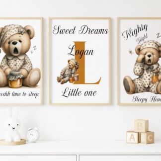 Set of 3 Personalised Sleeping Bear Prints – Custom Kids Wall Art with Initials – Baby Nursery & Bedroom Decor – Animal Print Download