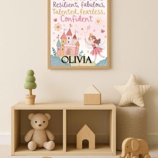 Fairy Princess Girls Affirmation Print, Personalised Wall Art, Positive Quote Poster, Kids Bedroom, Nursery & Playroom Decor girls