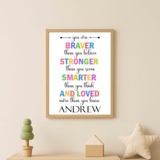 Personalised Stronger Braver Affirmation Print – Inspirational Positive Quote Wall Art for Kids Bedroom, Nursery & Playroom Decor