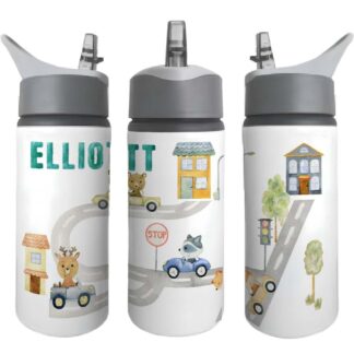 Personalised Kids Water Bottle – Jungle, Cars & Farm – 500ml Black Lid, 600ml Blue Lid or 650ml Grey Straw Lid aluminium bottle