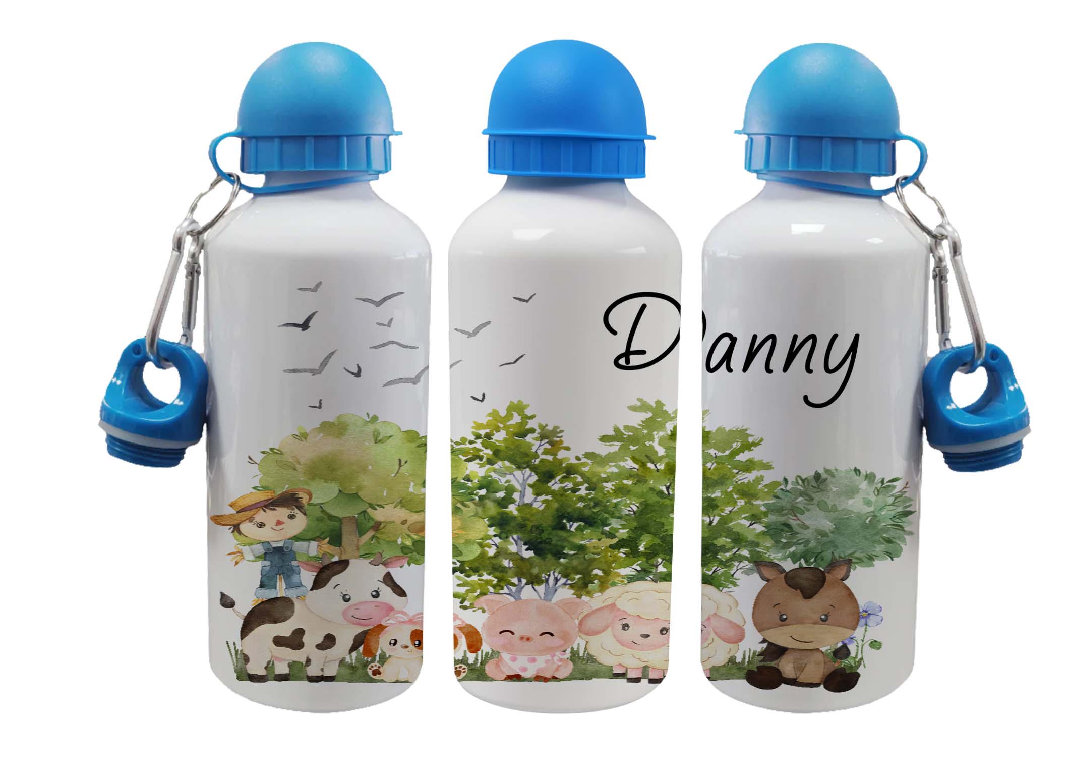 Personalised Kids Water Bottle – Jungle, Cars & Farm – 500ml Black Lid, 600ml Blue Lid or 650ml Grey Straw Lid aluminium bottle - Image 2