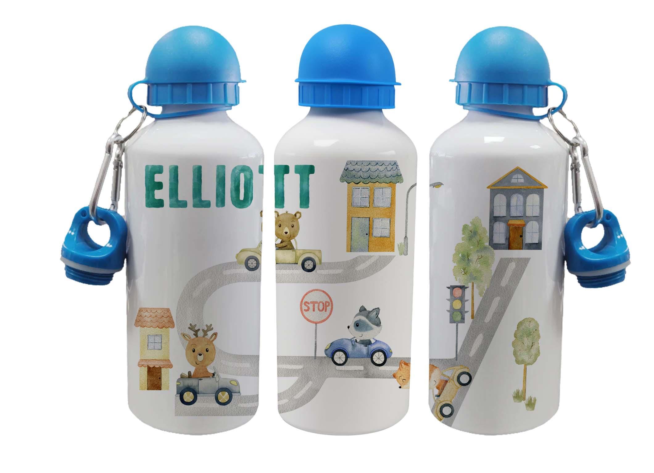 Personalised Kids Water Bottle – Jungle, Cars & Farm – 500ml Black Lid, 600ml Blue Lid or 650ml Grey Straw Lid aluminium bottle - Image 4