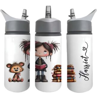 Personalised Kids Water Bottle – Girls Floral Design – Custom Name – 500ml Black Lid, 600ml Blue Lid, 650ml Grey Straw Lid aluminium bottle