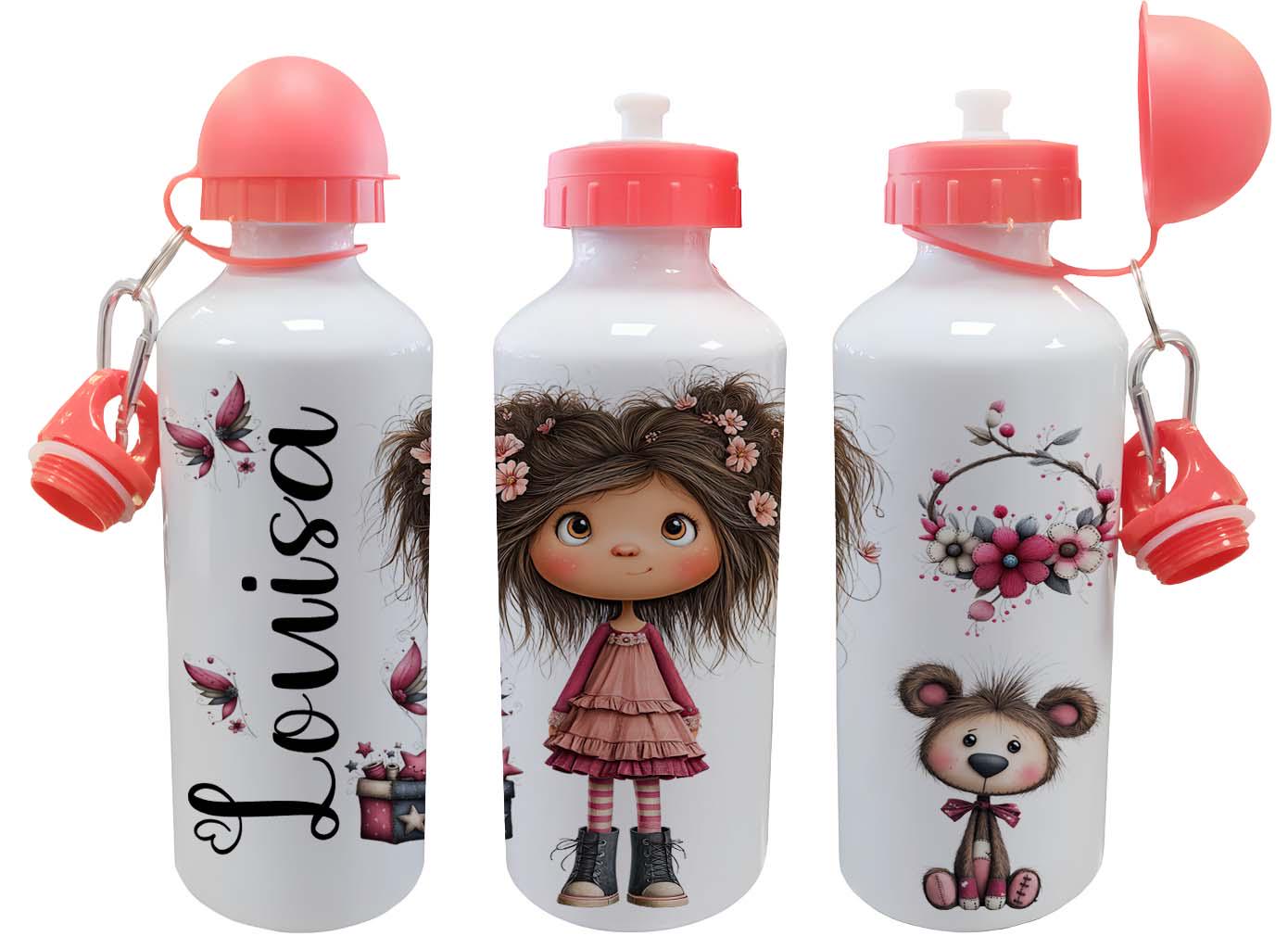 Personalised Kids Water Bottle – Girls Floral Design – Custom Name – 500ml Black Lid, 600ml Blue Lid, 650ml Grey Straw Lid aluminium bottle - Image 5