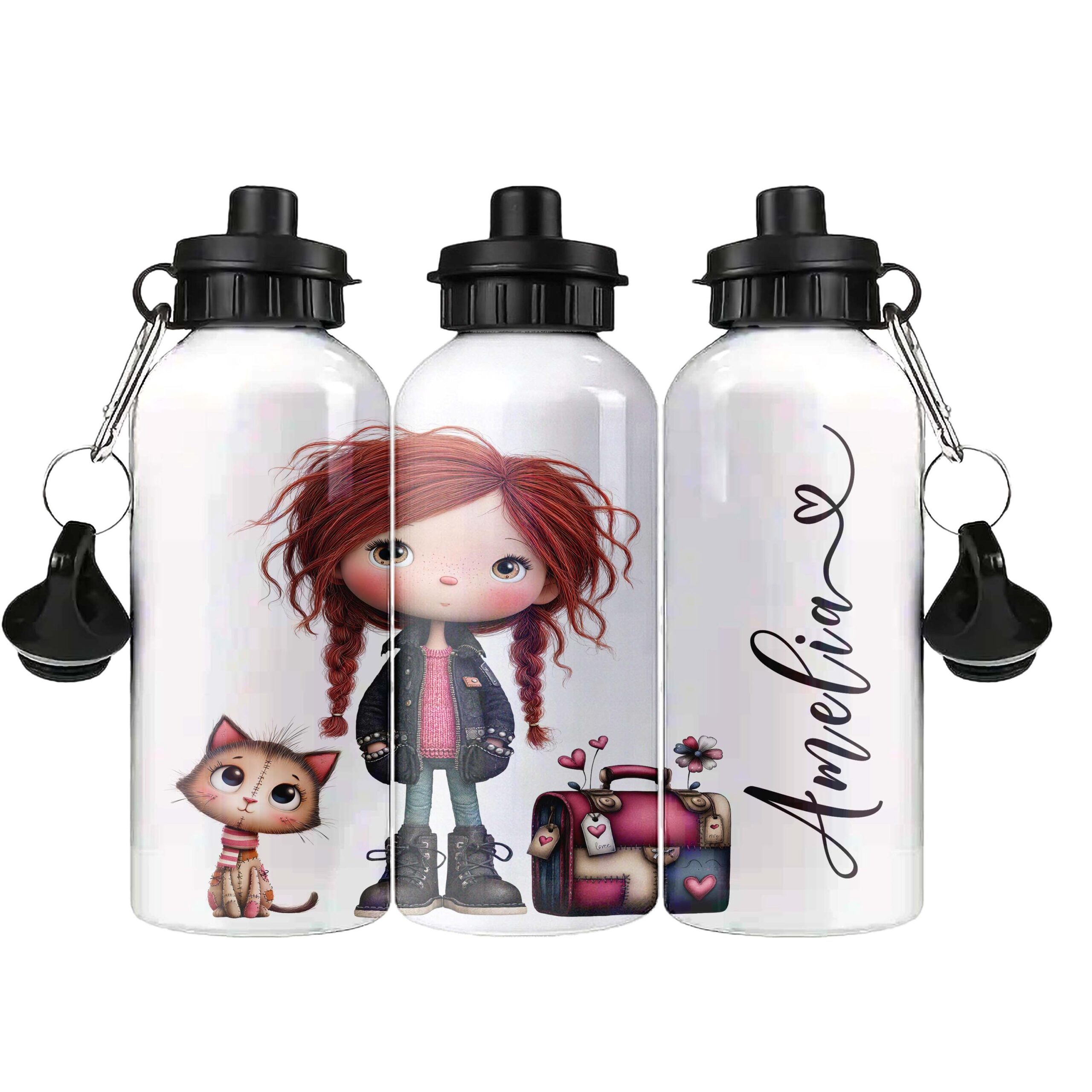 Personalised Kids Water Bottle – Girls Floral Design – Custom Name – 500ml Black Lid, 600ml Blue Lid, 650ml Grey Straw Lid aluminium bottle - Image 3