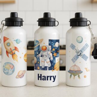 Personalised Kids Water Bottle – Space & Astrology Design with Initials – 500ml Black Lid, 600ml Blue Lid, 650ml Grey Straw aluminium bottle