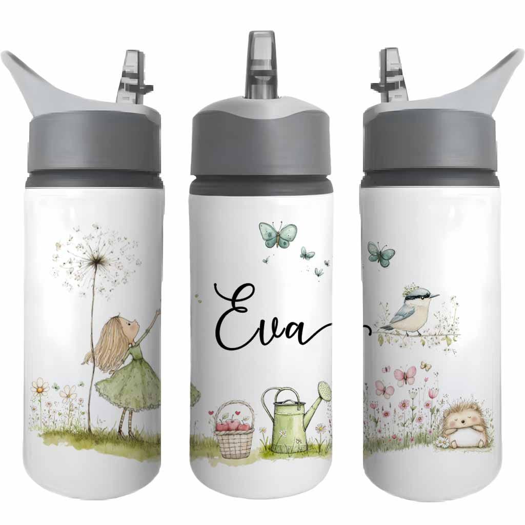 Personalised Kids Water Bottle – Garden Girl Watercolour Design – Custom Name Aluminium Bottle