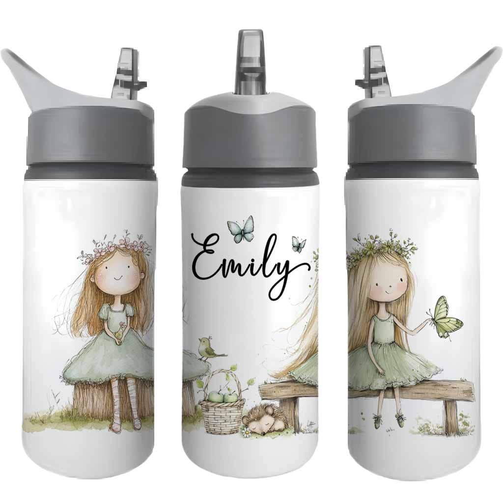 Personalised Kids Water Bottle – Garden Girl Watercolour Design – Custom Name Aluminium Bottle - Image 2