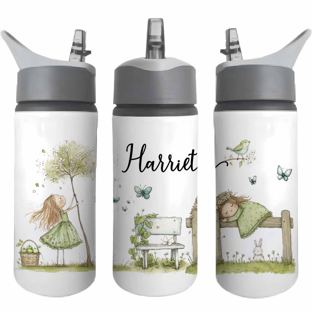 Personalised Kids Water Bottle – Garden Girl Watercolour Design – Custom Name Aluminium Bottle - Image 3