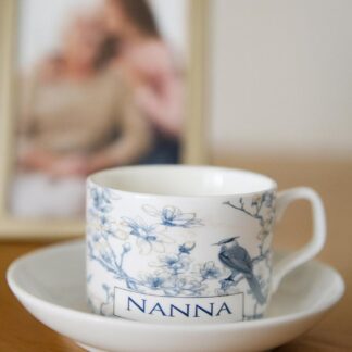 Personalised Blue and White Cup and Saucer with Chinoiserie Bird Design – Custom Tea Cup Gift - elegant gift for mum, nan friend