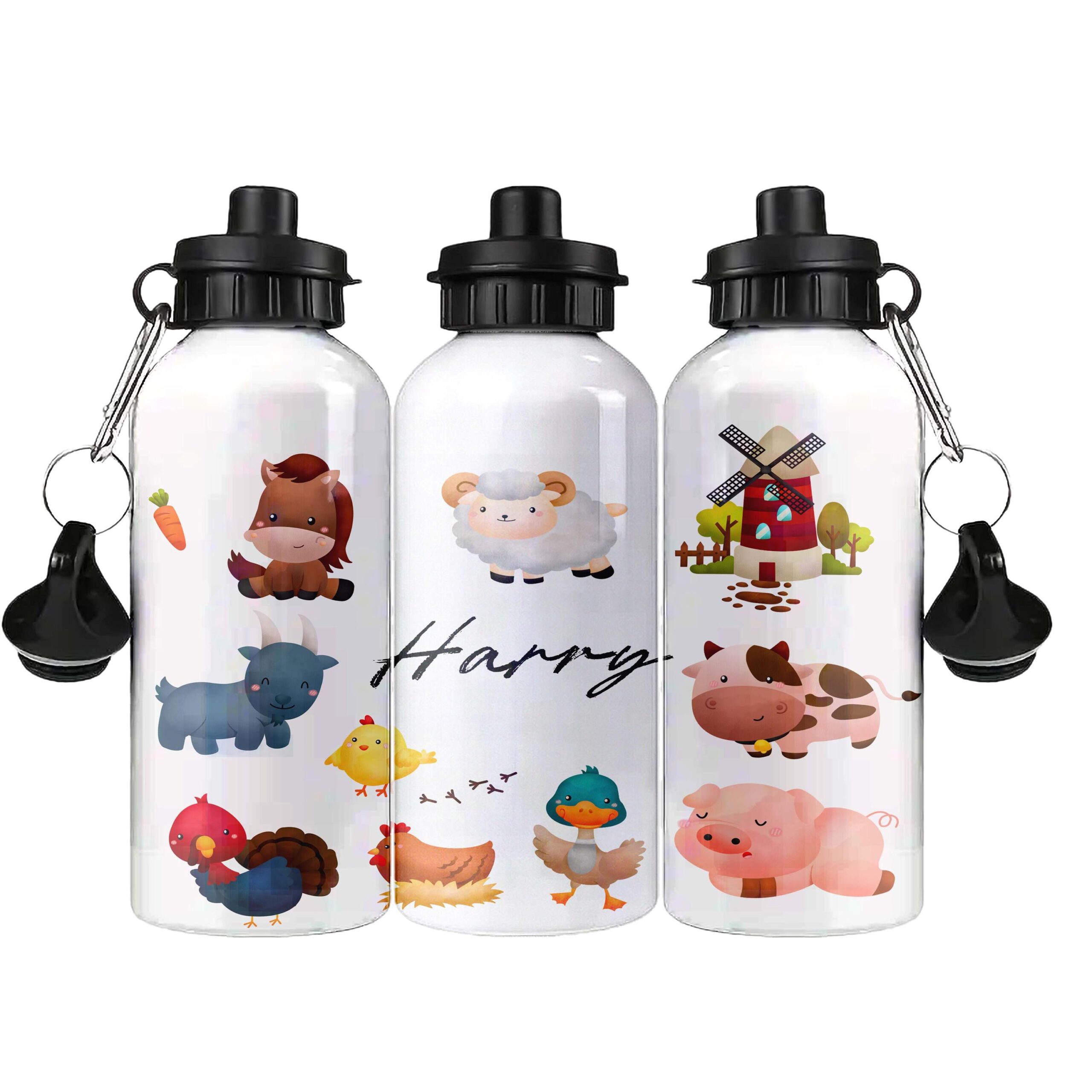 Personalised Kids Water Bottle – Jungle, Cars & Farm – 500ml Black Lid, 600ml Blue Lid or 650ml Grey Straw Lid aluminium bottle - Image 5